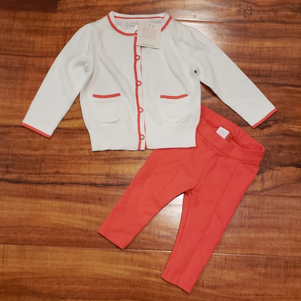 Janie and Jack NWT/EUC 12-18 months ivory/coral pocket sweater and ponte pants